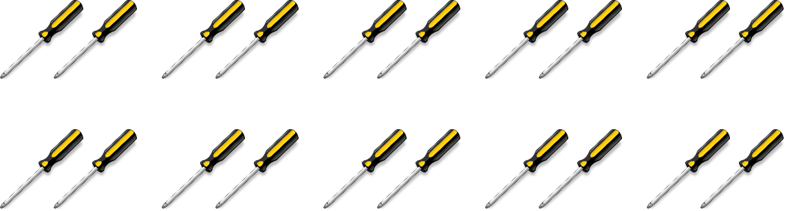 20 screwdrivers with two screwdrivers in each group. There are 10 groups total