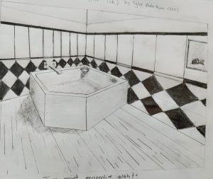 Polygon tub in room with checkered walls