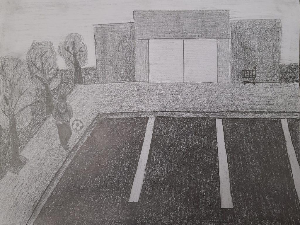 Drawing of person facing away with soccer ball next to parking lot