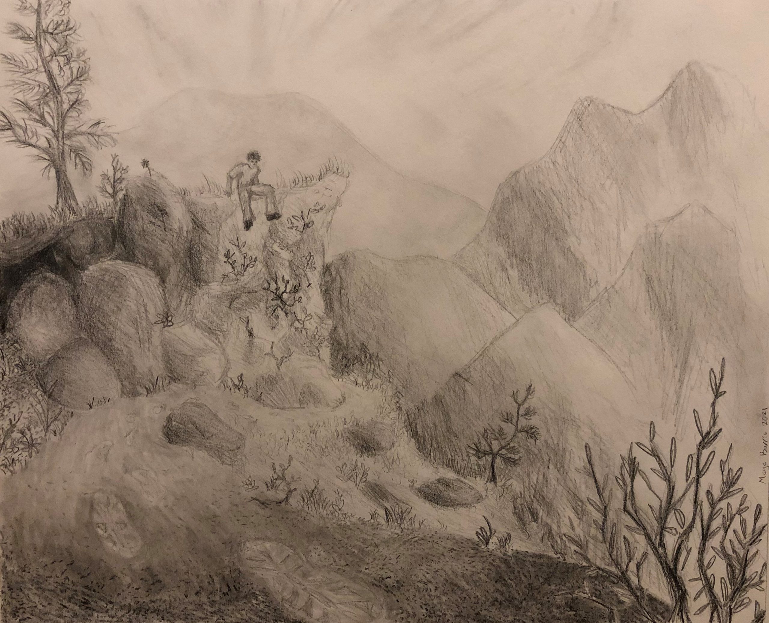 Drawing of person sitting on rock in the mountains