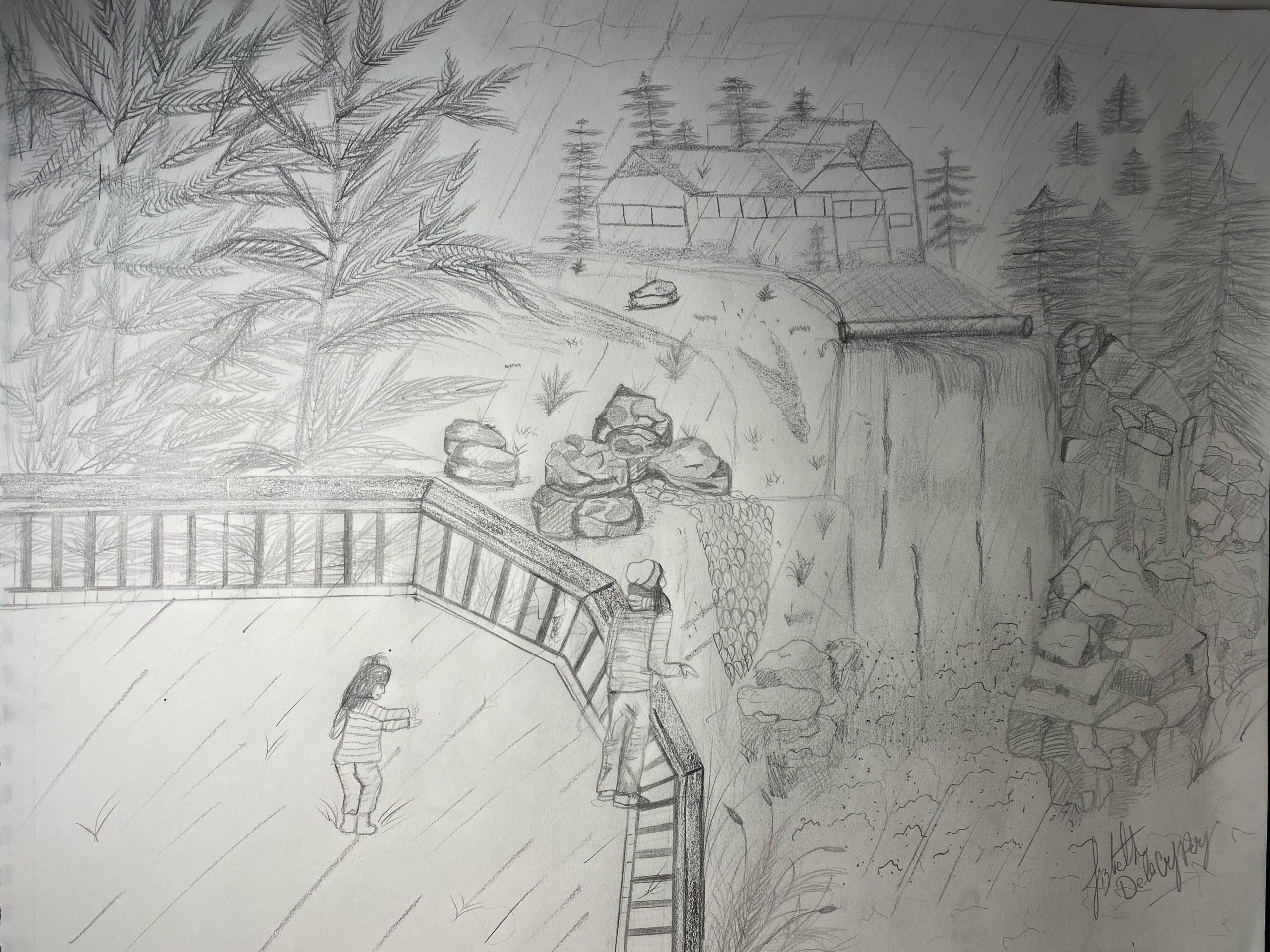 Drawing of person standing on deck overlooking waterfall