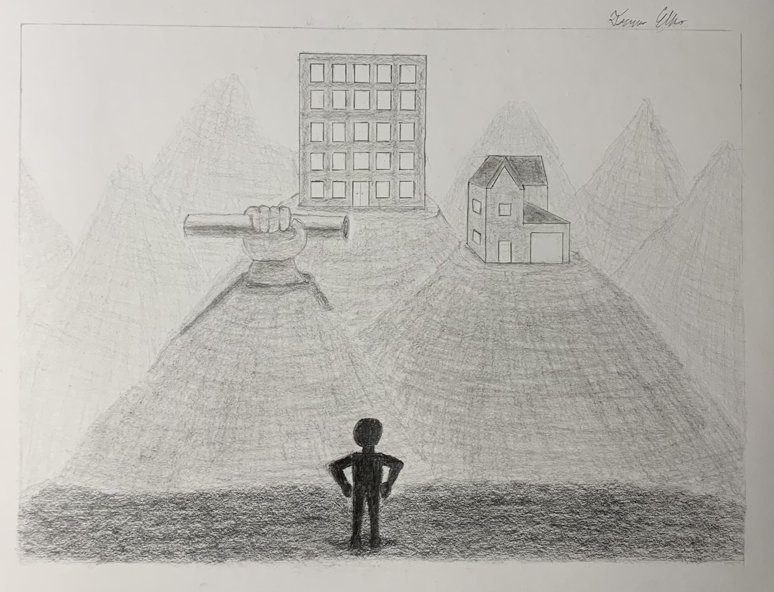 Drawing of person looking up at 3 hills with buildings at the top of each