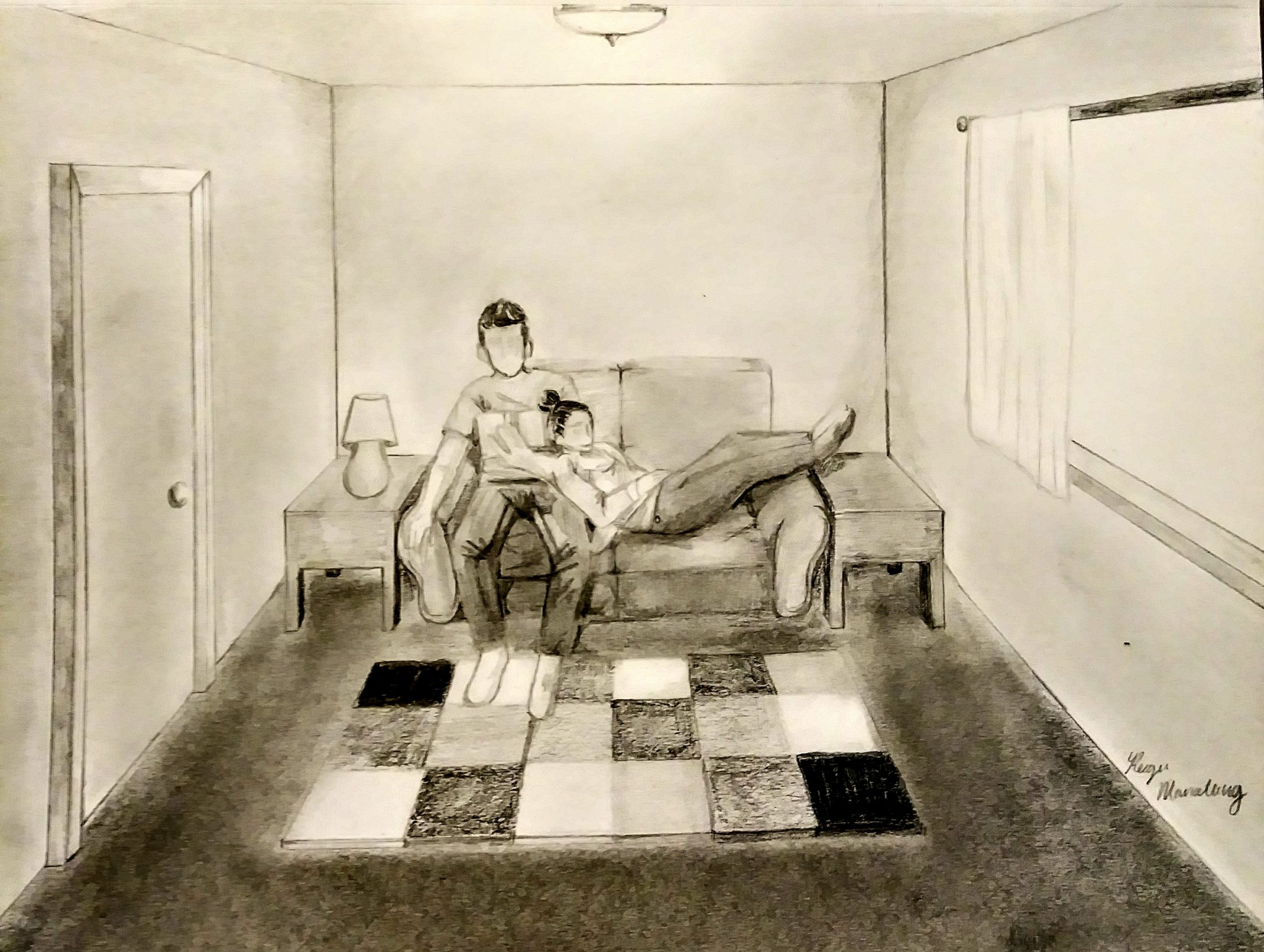 Drawing of two people relaxing on couch in room with patterned rug