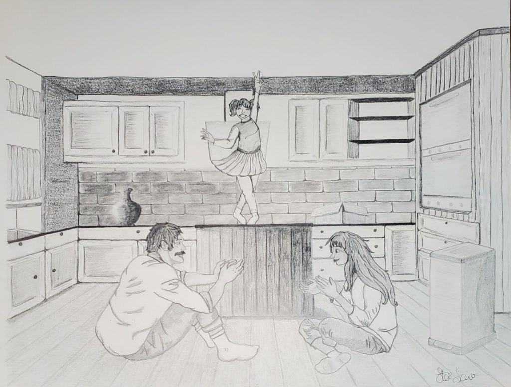 Drawing of two people sitting on floor clapping hands and young person standing on top of wooden platform dancing