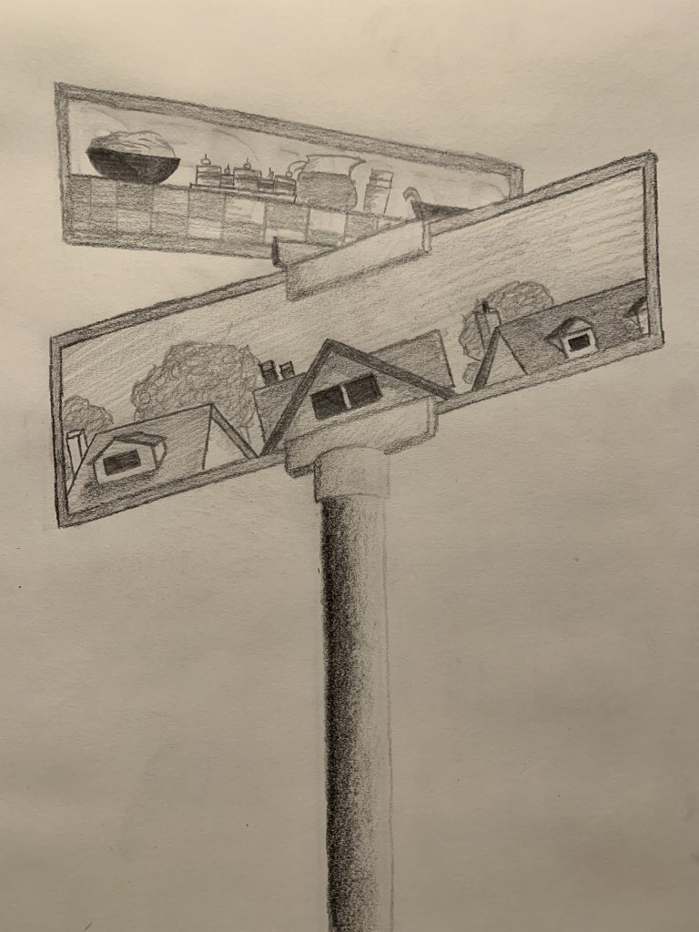Drawing of street sign with picture of neighborhood