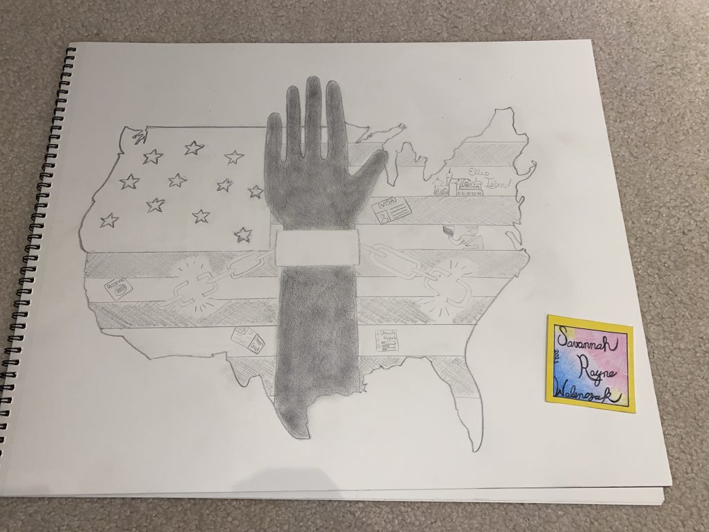 Drawing of forearm and hand on top of shape of United States