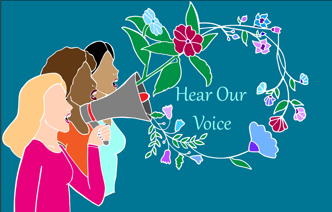 Image of 3 people of varying skin color saying "Hear Our Voice" through megaphone coming out in string of flowers