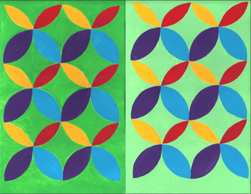 Image of painting of petals in flower formation in 2 shades of green background